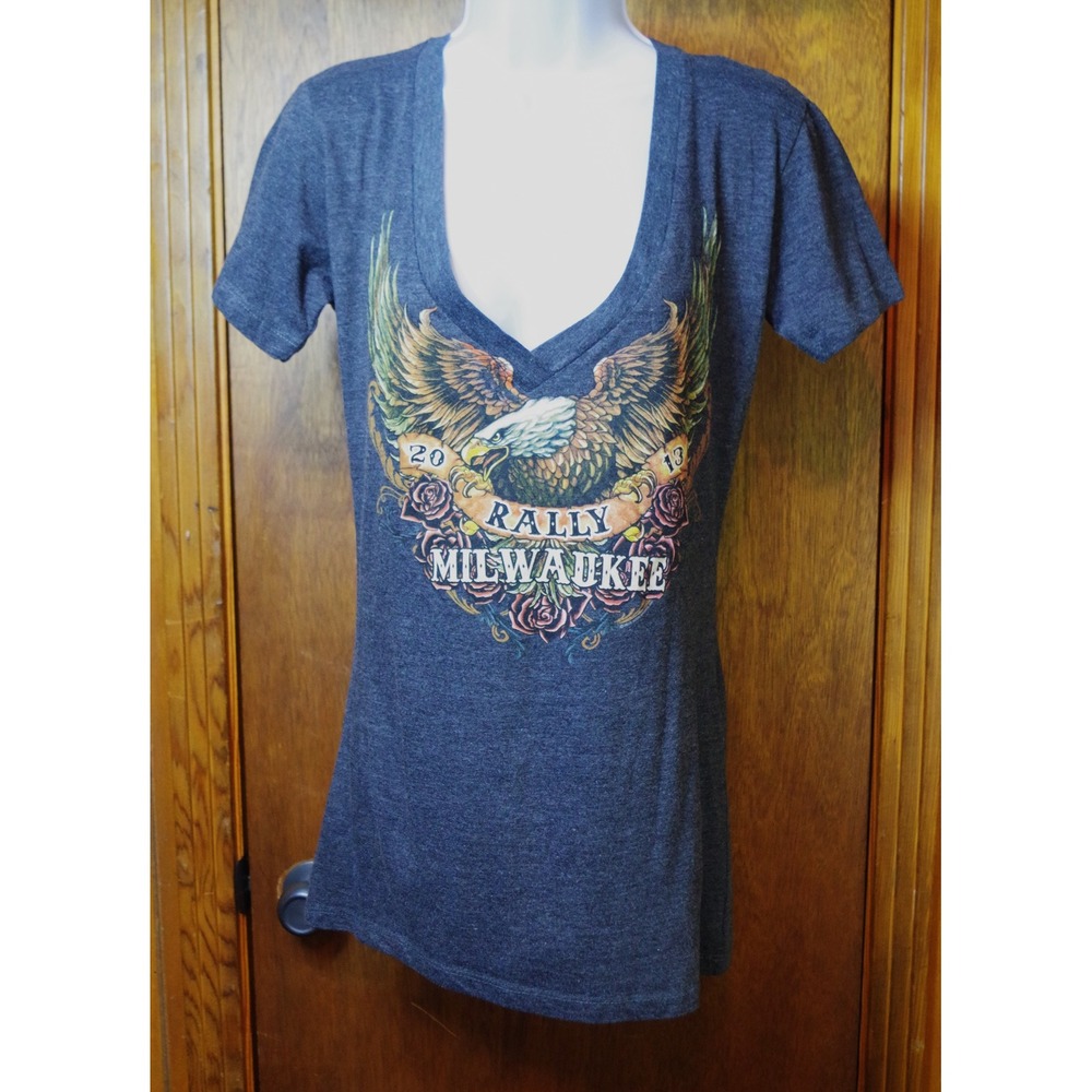 Hot Leathers‎ XL Woman's 2013 Milwaukee Rally Eagle V-Neck Graphic T-Shirt Gray